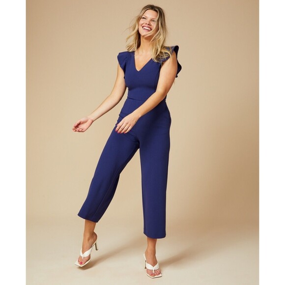 RACHEL Rachel Roy Ruffled-Sleeve Cropped Jumpsuit, Navy, Size S - Picture 1 of 4